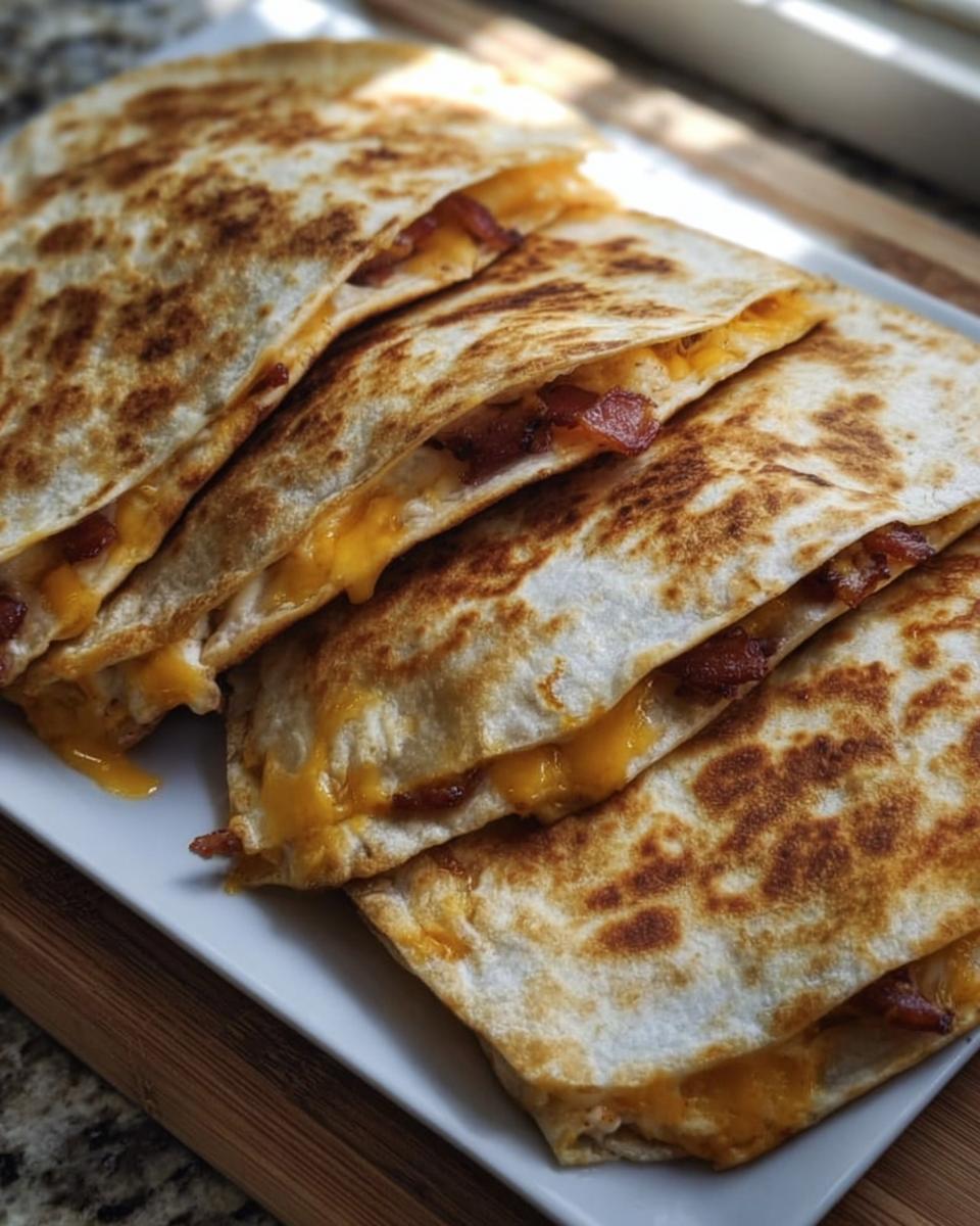 A stack of golden-brown High-Protein Chicken Ranch Quesadillas filled with melted cheese and crispy bacon.