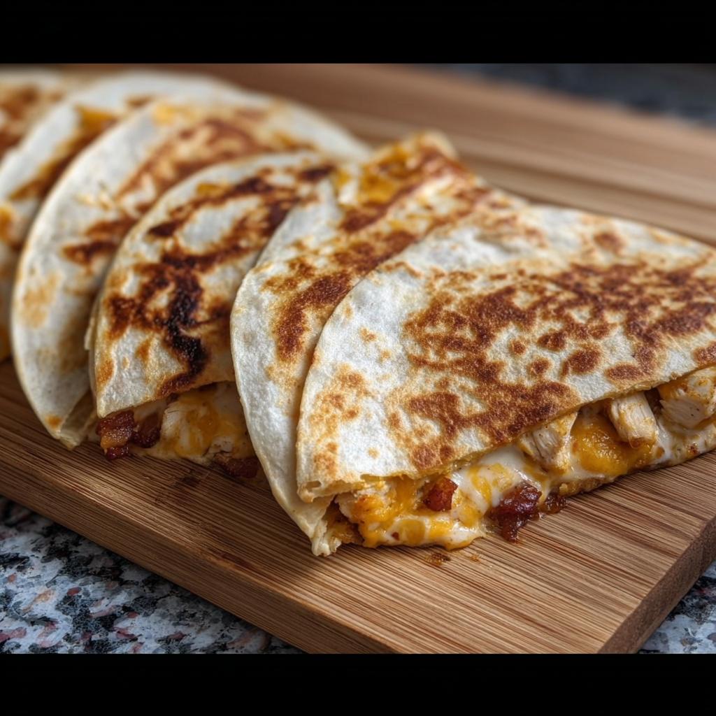 Close-up of golden-brown High-Protein Chicken Ranch Quesadilla slices filled with chicken and melted cheese.