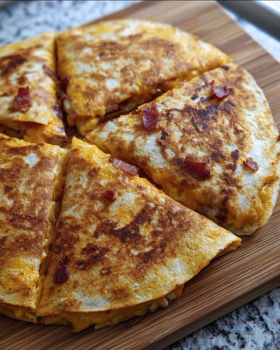 Close-up of a High-Protein Chicken Ranch Quesadilla cut into wedges, showing melted cheese and crispy bacon.