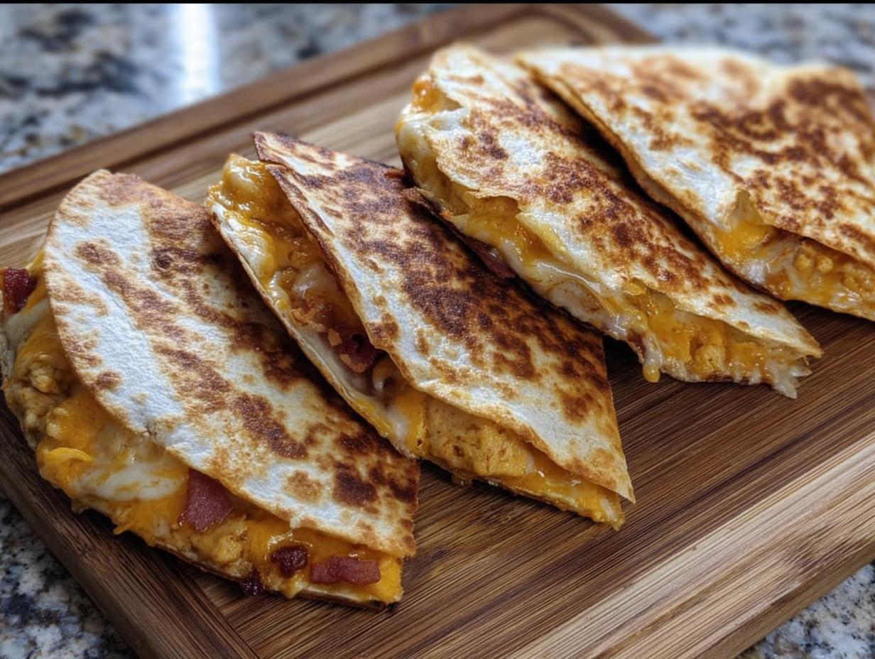 Four slices of a golden-brown High-Protein Chicken Ranch Quesadilla filled with melted cheese and chicken.