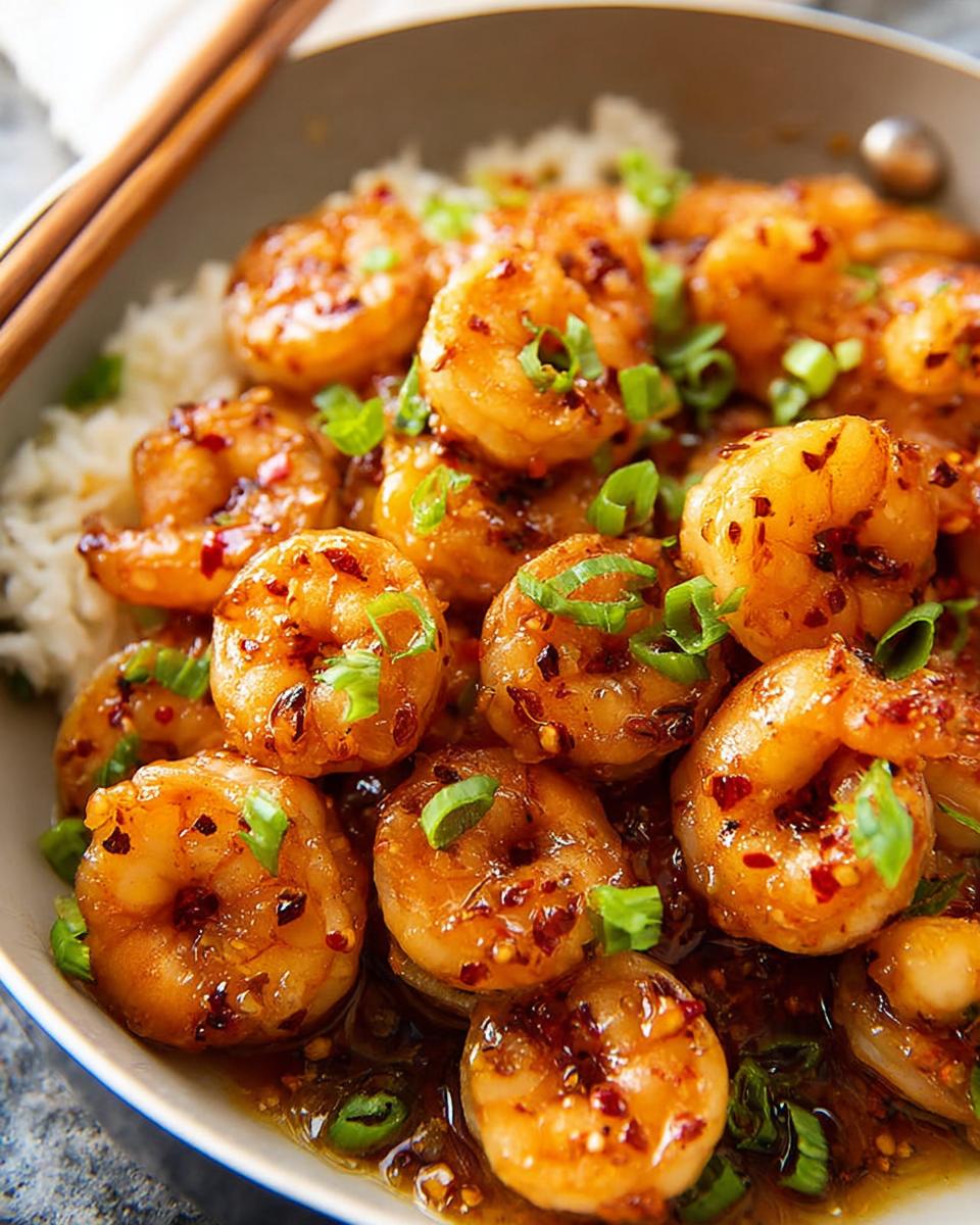 A close-up of succulent High-Protein Honey Garlic Shrimp glazed in sauce, served over white rice and garnished with green onions.
