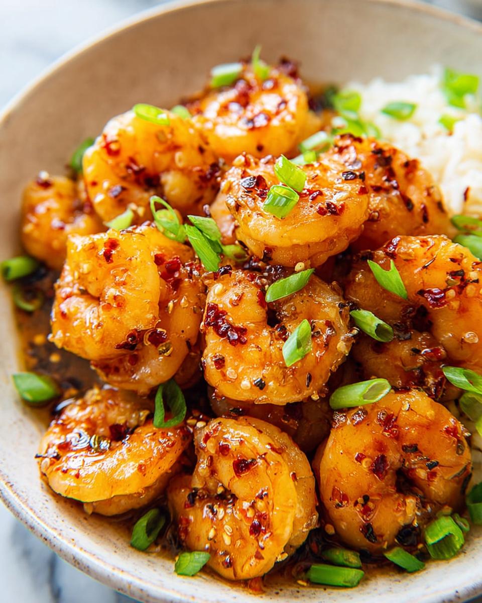 Close-up of a bowl filled with glistening High-Protein Honey Garlic Shrimp, garnished with green onions and chili flakes.