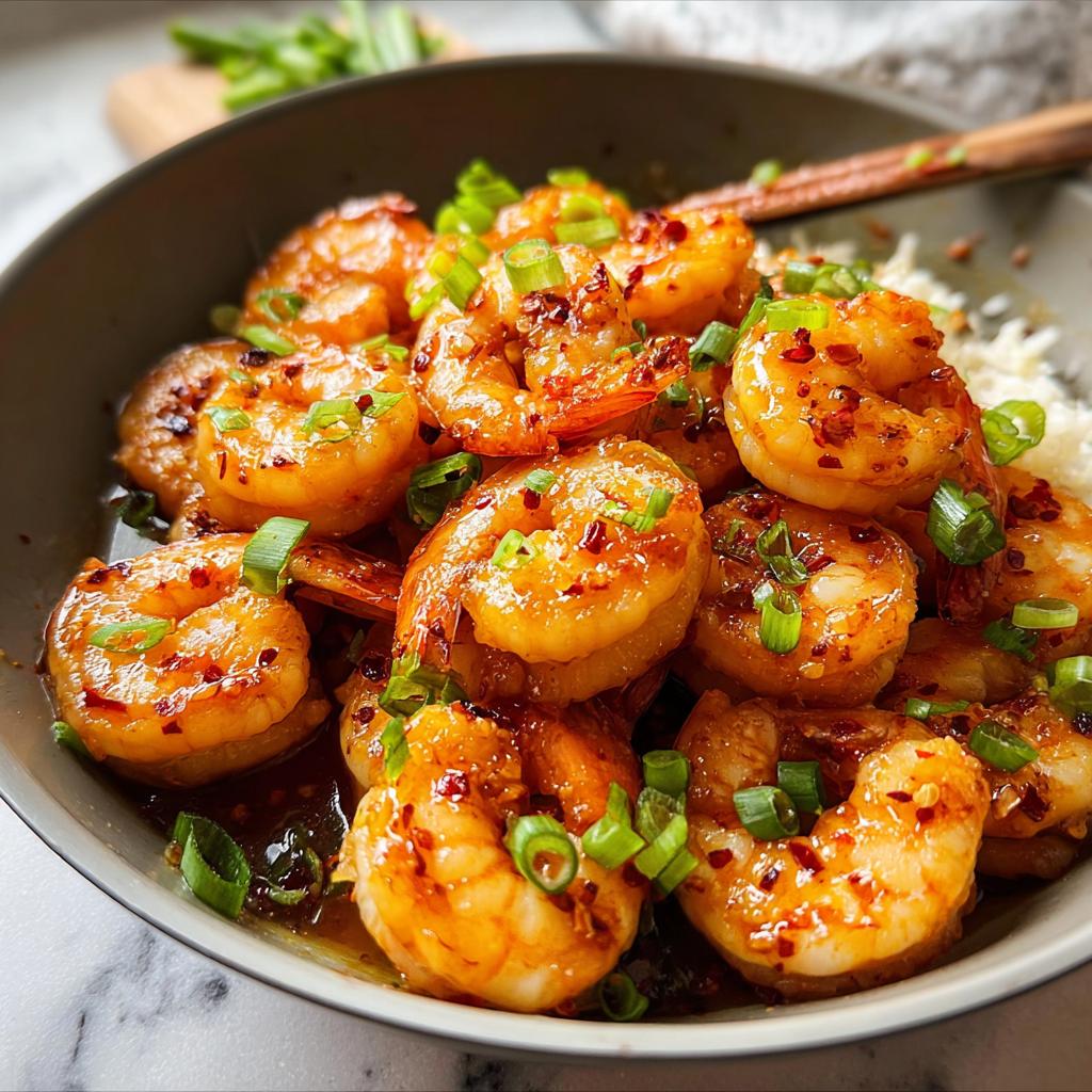 A bowl of glistening High-Protein Honey Garlic Shrimp, garnished with chopped green onions and red pepper flakes.