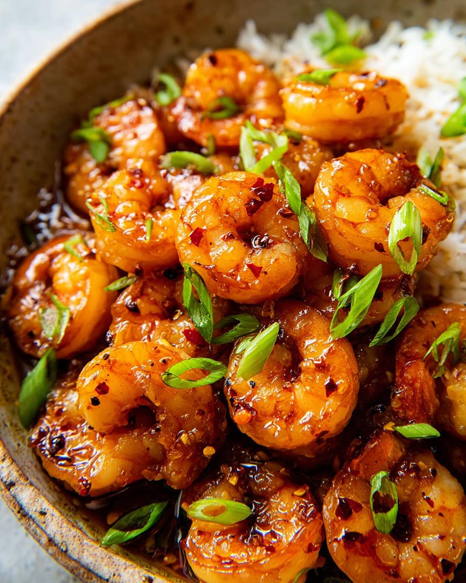 Close-up of glistening High-Protein Honey Garlic Shrimp served over white rice, garnished with green onions.