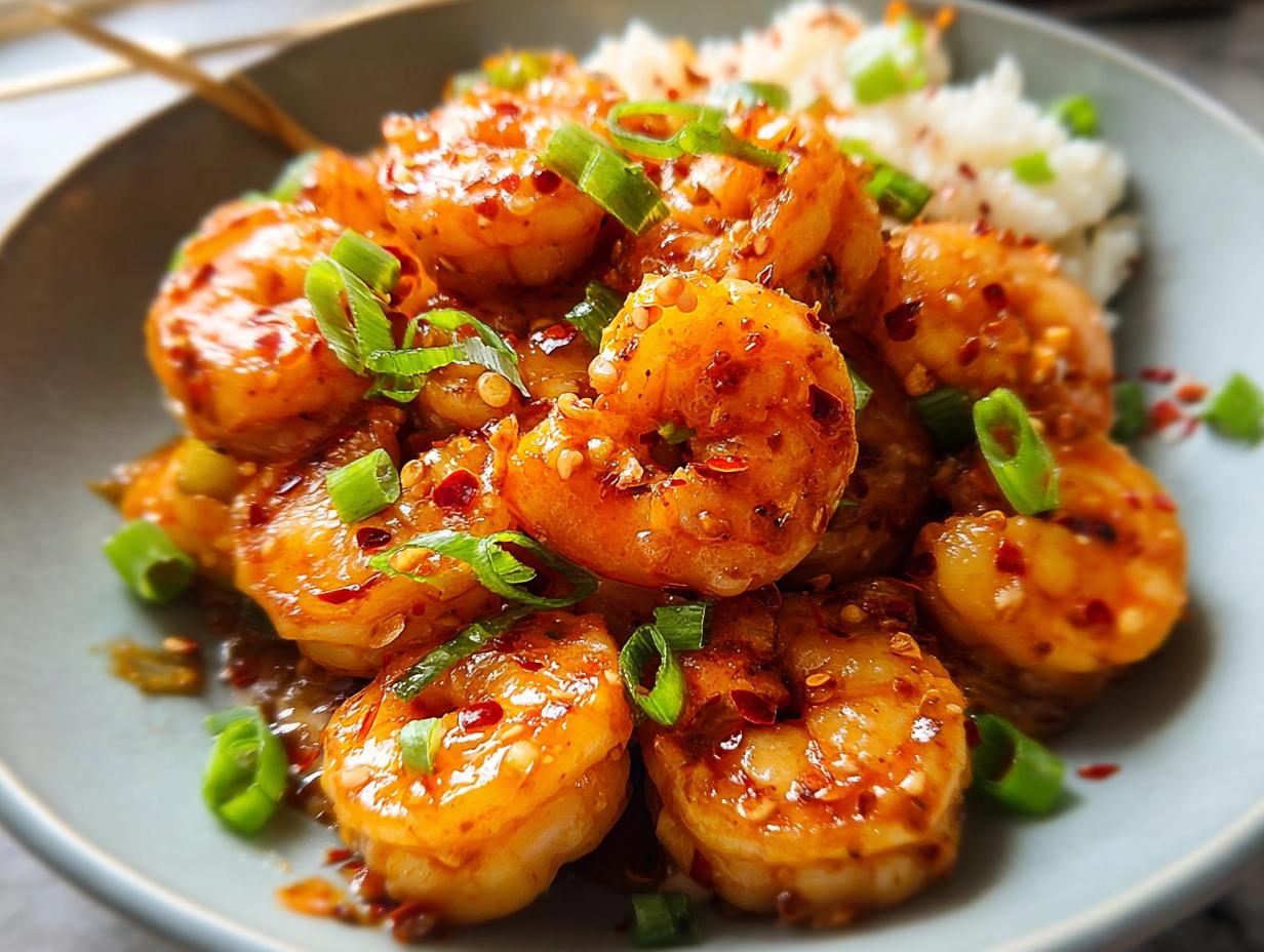 Close-up of glistening High-Protein Honey Garlic Shrimp served with white rice and garnished with green onions.