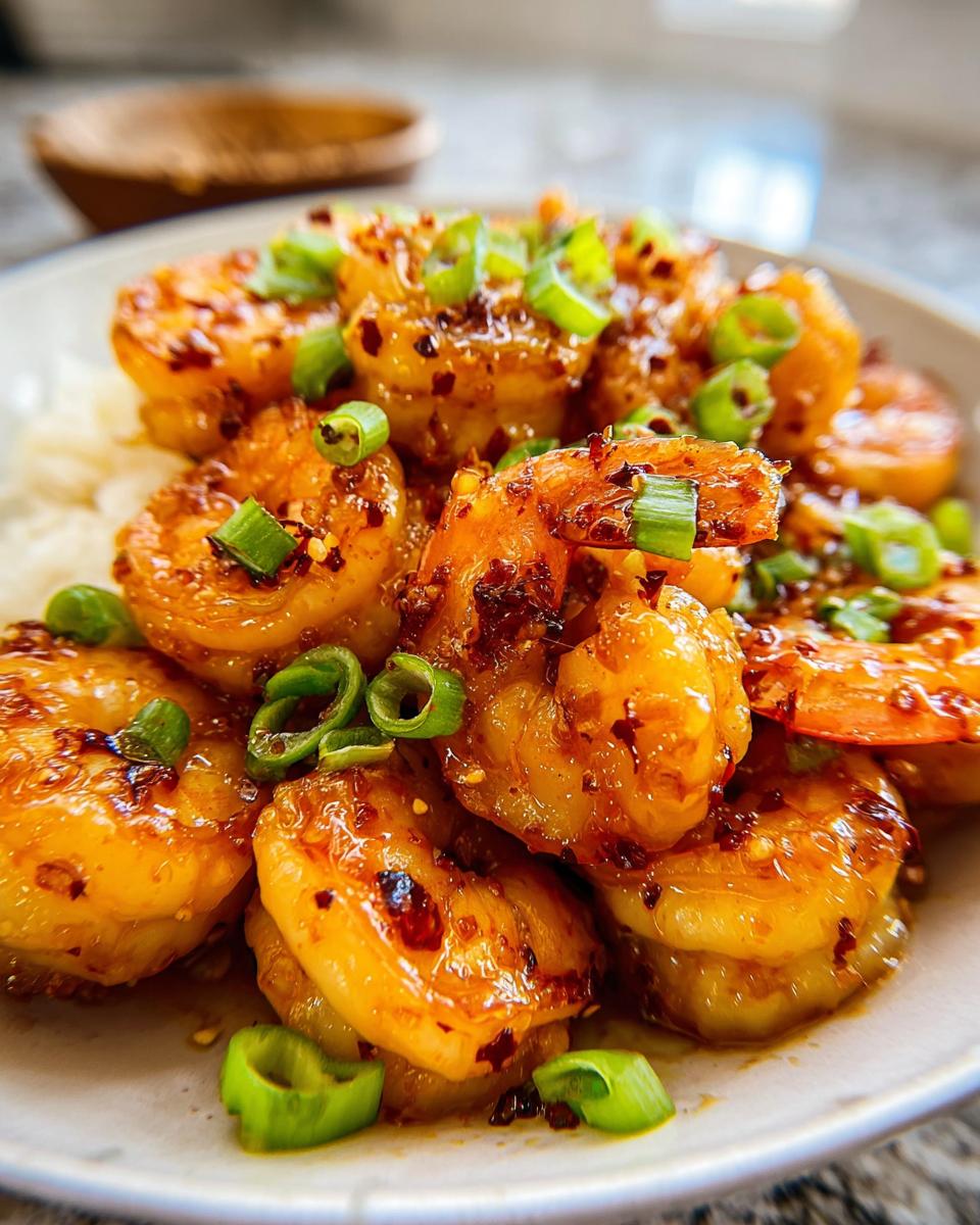 A close-up of glistening High-Protein Honey Garlic Shrimp, topped with chopped green onions and chili flakes.