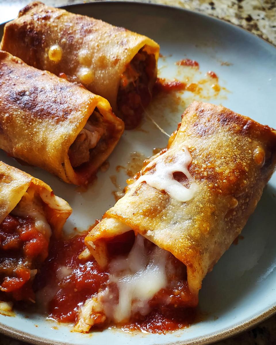 Close-up of HIGH PROTEIN Pepperoni Pizza Rolls on a plate, with melted cheese and marinara sauce spilling out.