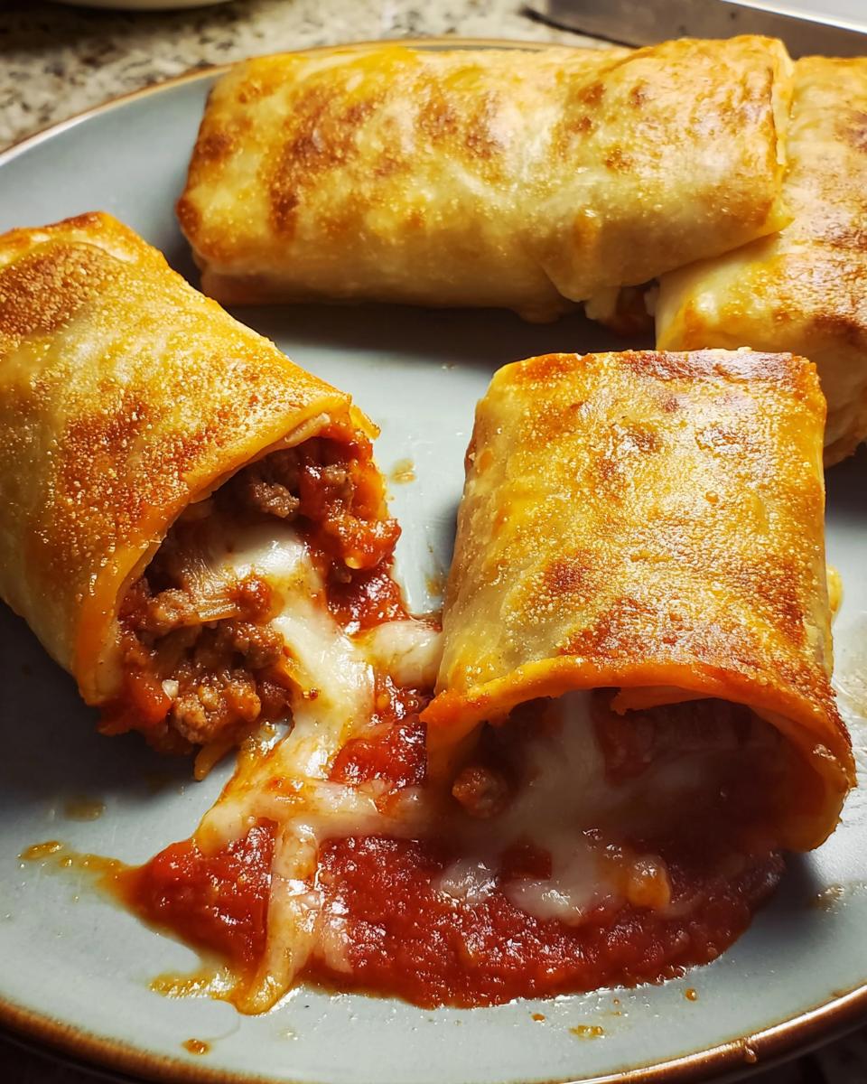 Close-up of HIGH PROTEIN Pepperoni Pizza Rolls on a plate, with gooey melted cheese and marinara sauce spilling out.