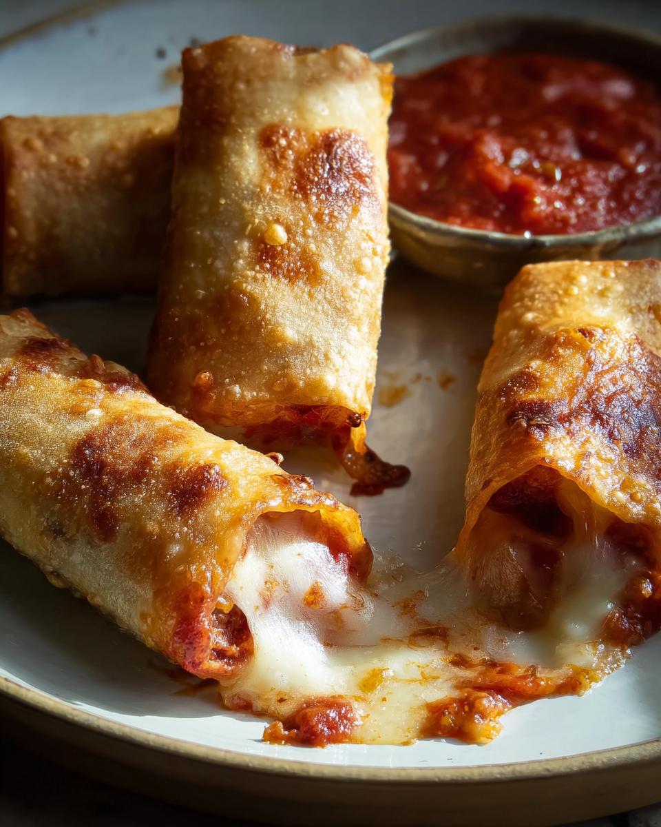 Close-up of HIGH PROTEIN Pepperoni Pizza Rolls with gooey melted cheese spilling out, served with marinara sauce.
