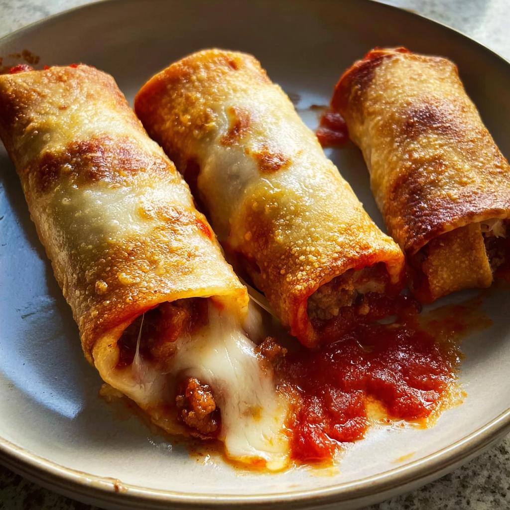Three golden-brown HIGH PROTEIN Pepperoni Pizza Rolls on a plate, oozing with melted cheese and marinara sauce.
