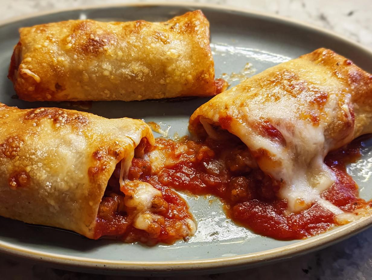 Three HIGH PROTEIN Pepperoni Pizza Rolls on a plate, one is broken open showing melted cheese and pepperoni filling.