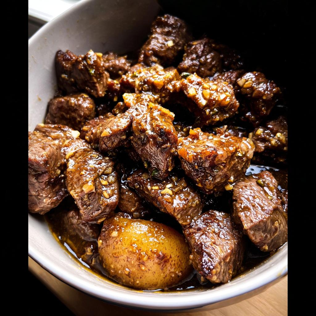 Close-up of tender High Protein Slow Cooker Garlic Butter Beef Bites with small potatoes in a bowl.