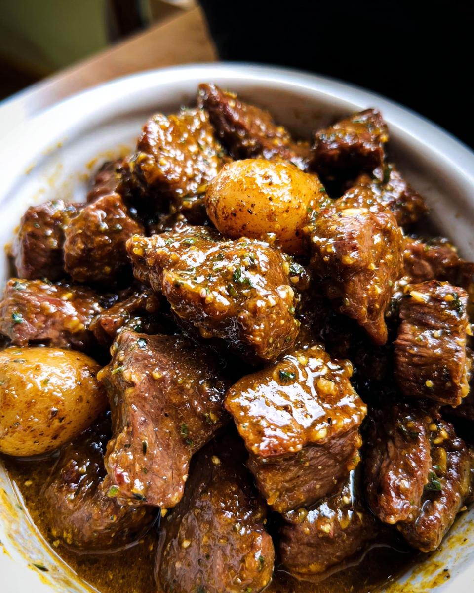 Close-up of tender High Protein Slow Cooker Garlic Butter Beef Bites in a rich sauce with small potatoes.