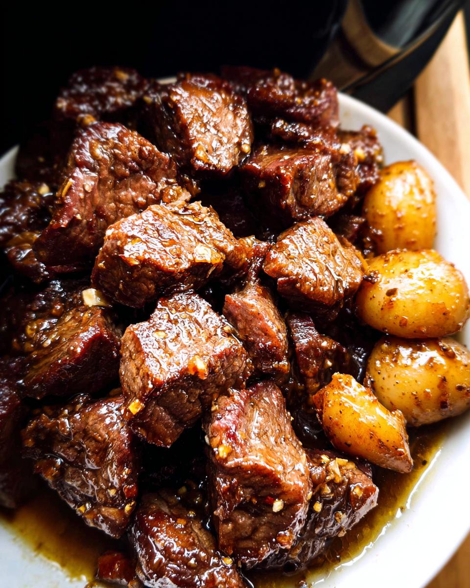 Close-up of tender High Protein Slow Cooker Garlic Butter Beef Bites with small potatoes in a rich sauce.