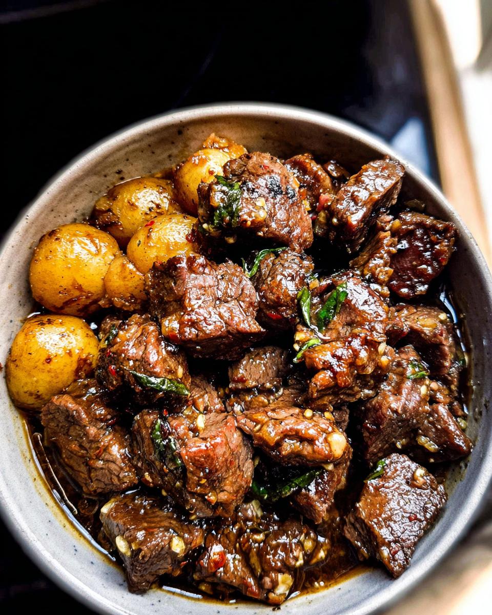 Close-up of High Protein Slow Cooker Garlic Butter Beef Bites with small potatoes in a bowl.