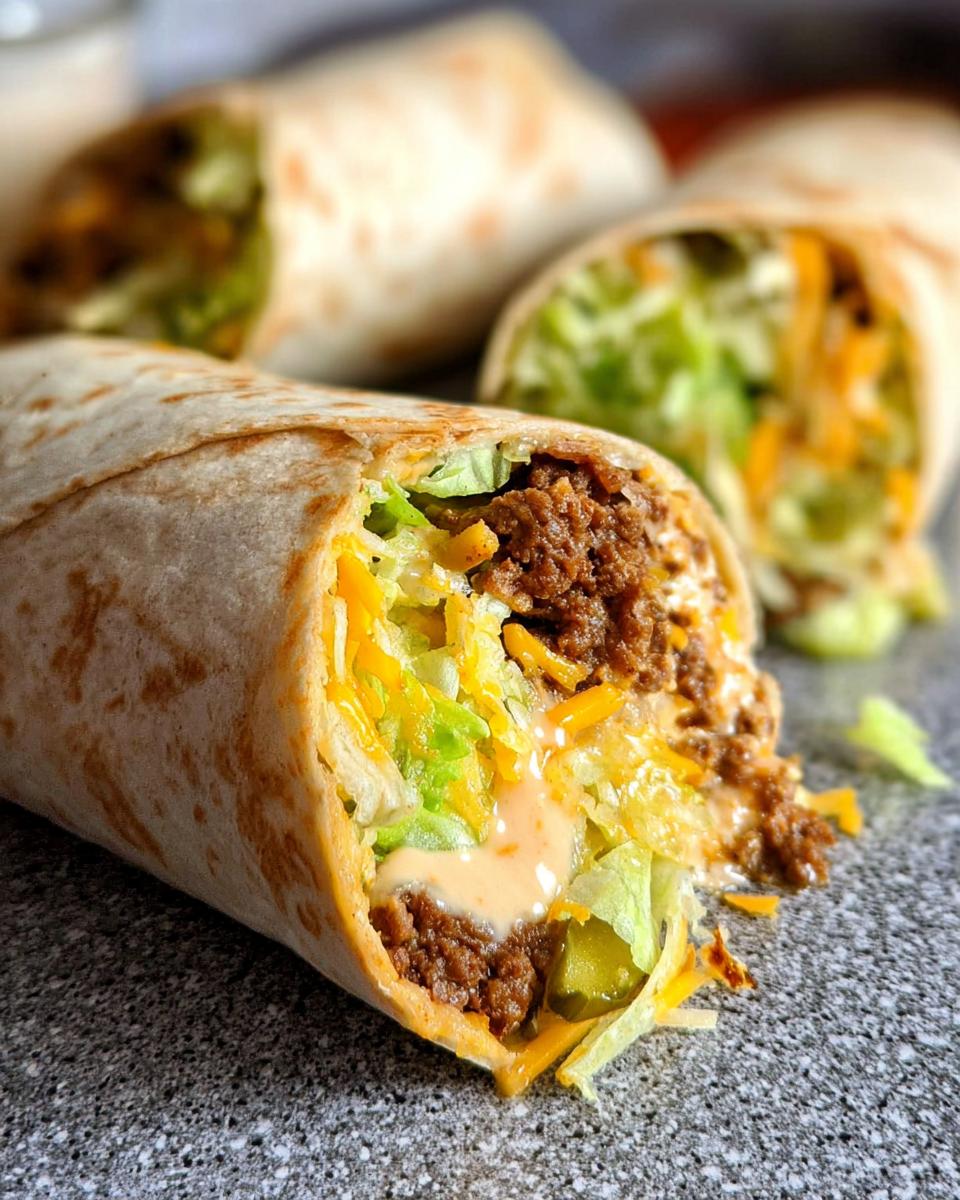 Close-up of a Homemade Big Mac Wrap filled with seasoned ground beef, shredded lettuce, cheese, pickles, and special sauce.