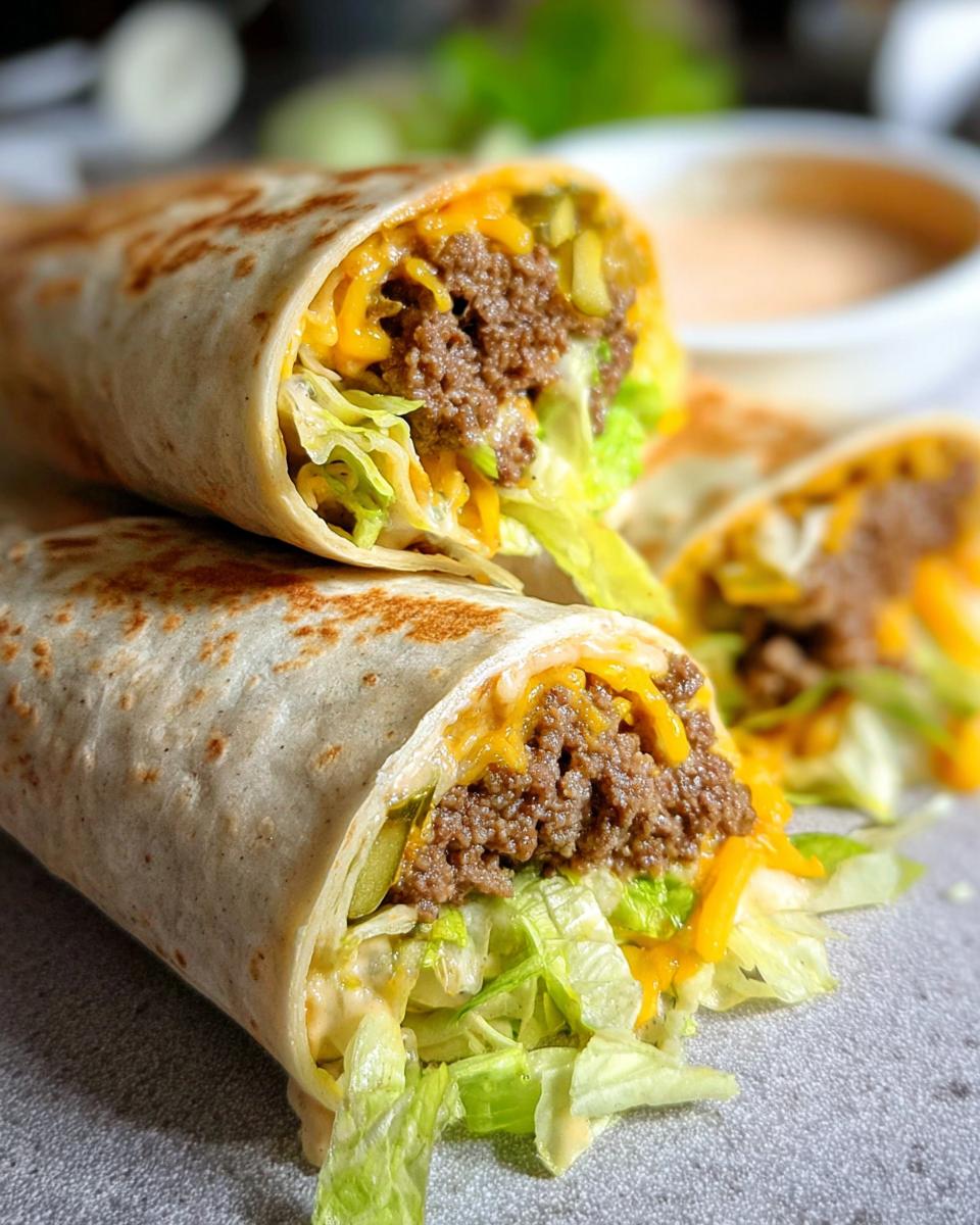 Close-up of delicious Homemade Big Mac Wraps filled with seasoned ground beef, shredded lettuce, pickles, and melted cheese.