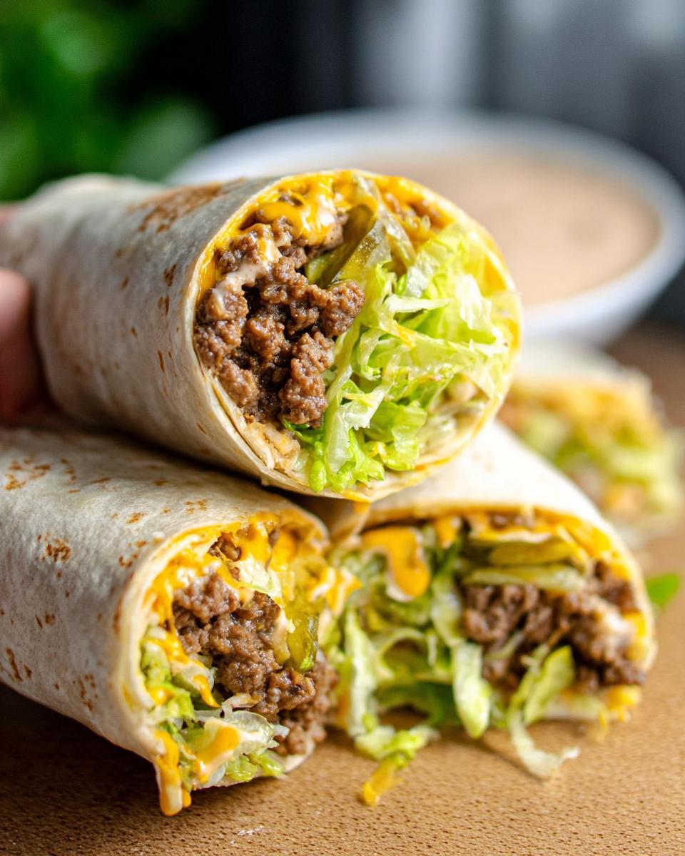 Close-up of delicious Homemade Big Mac Wraps filled with seasoned ground beef, shredded lettuce, pickles, and melted cheese.