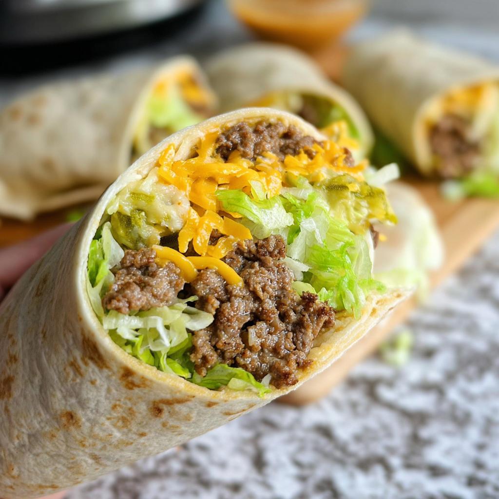 Close-up of a Homemade Big Mac Wrap filled with seasoned ground beef, shredded lettuce, pickles, and shredded cheddar cheese.