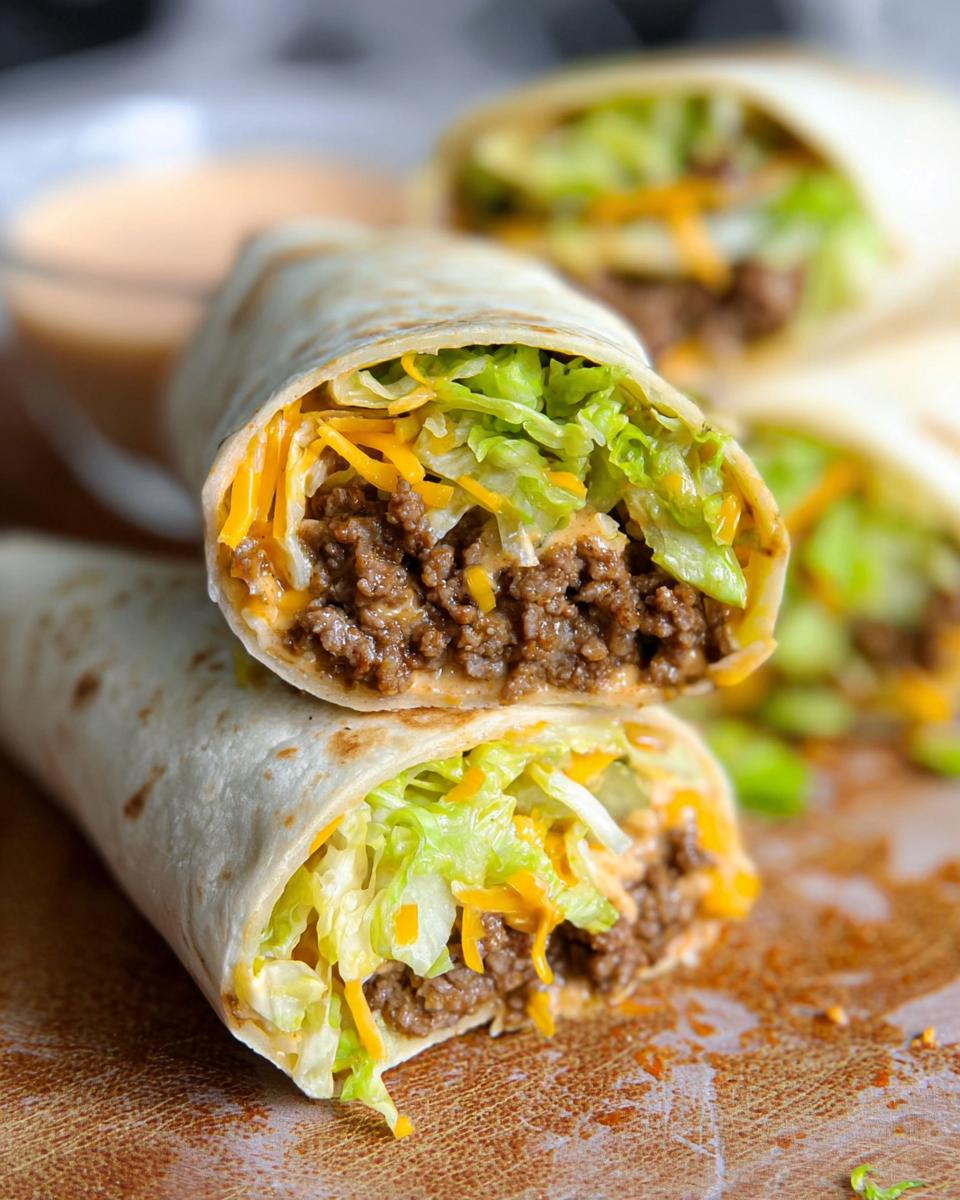 A close-up view of a Homemade Big Mac Wrap cut in half, revealing seasoned ground beef, shredded lettuce, cheese, and sauce.