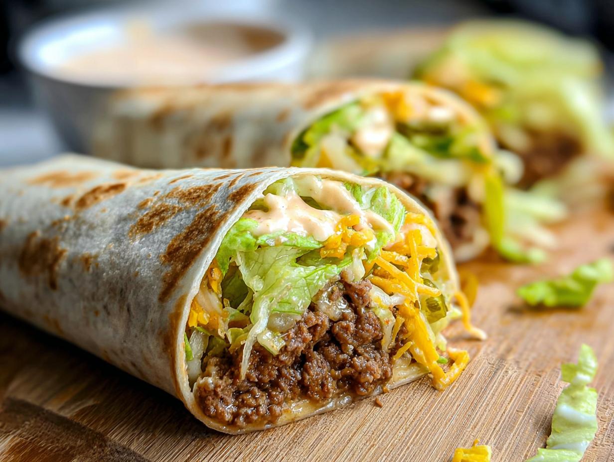 Close-up of a Homemade Big Mac Wrap filled with seasoned ground beef, shredded lettuce, cheese, and sauce.