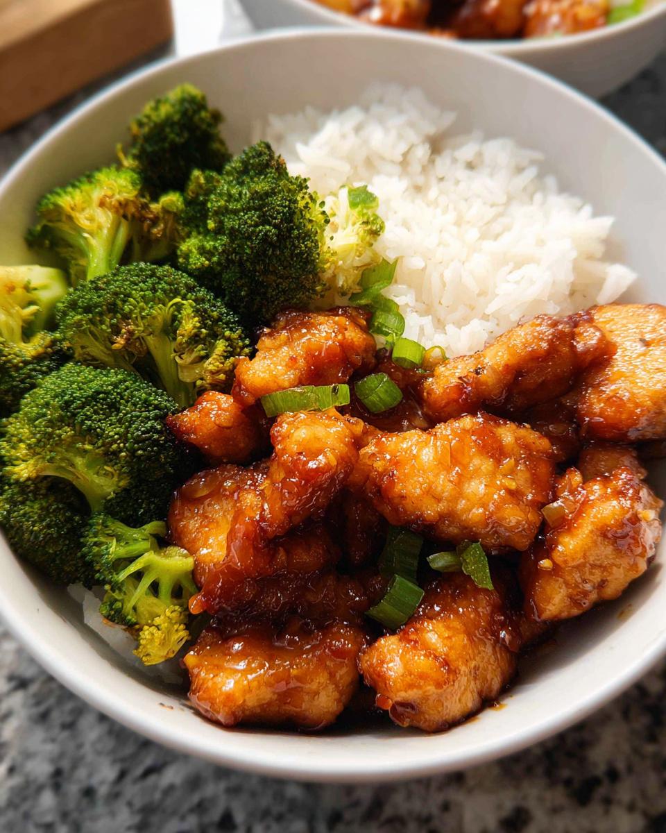 Close-up of a Honey Garlic Pork Rice Bowl with tender pork pieces, steamed rice, and broccoli florets.