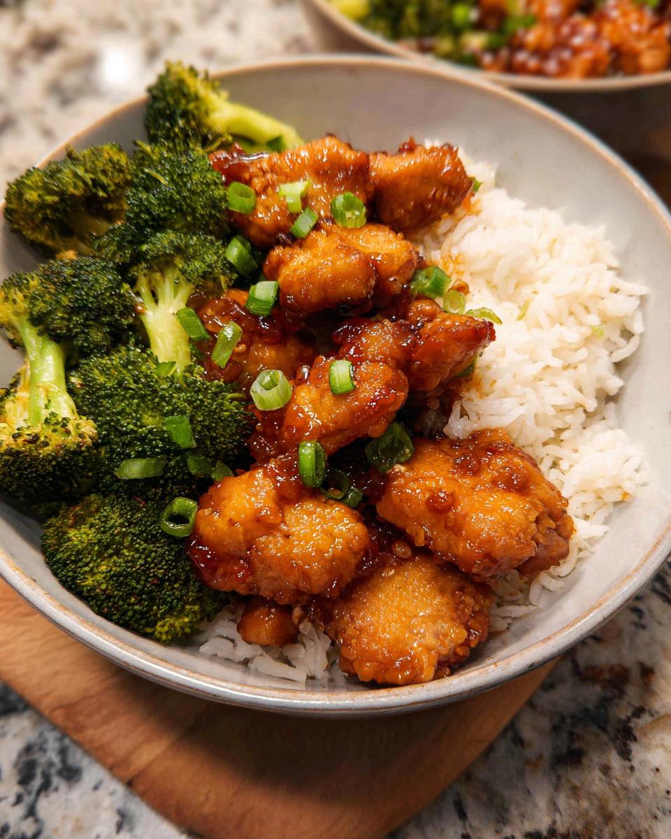 A delicious Honey Garlic Pork Rice Bowl topped with steamed broccoli and green onions.