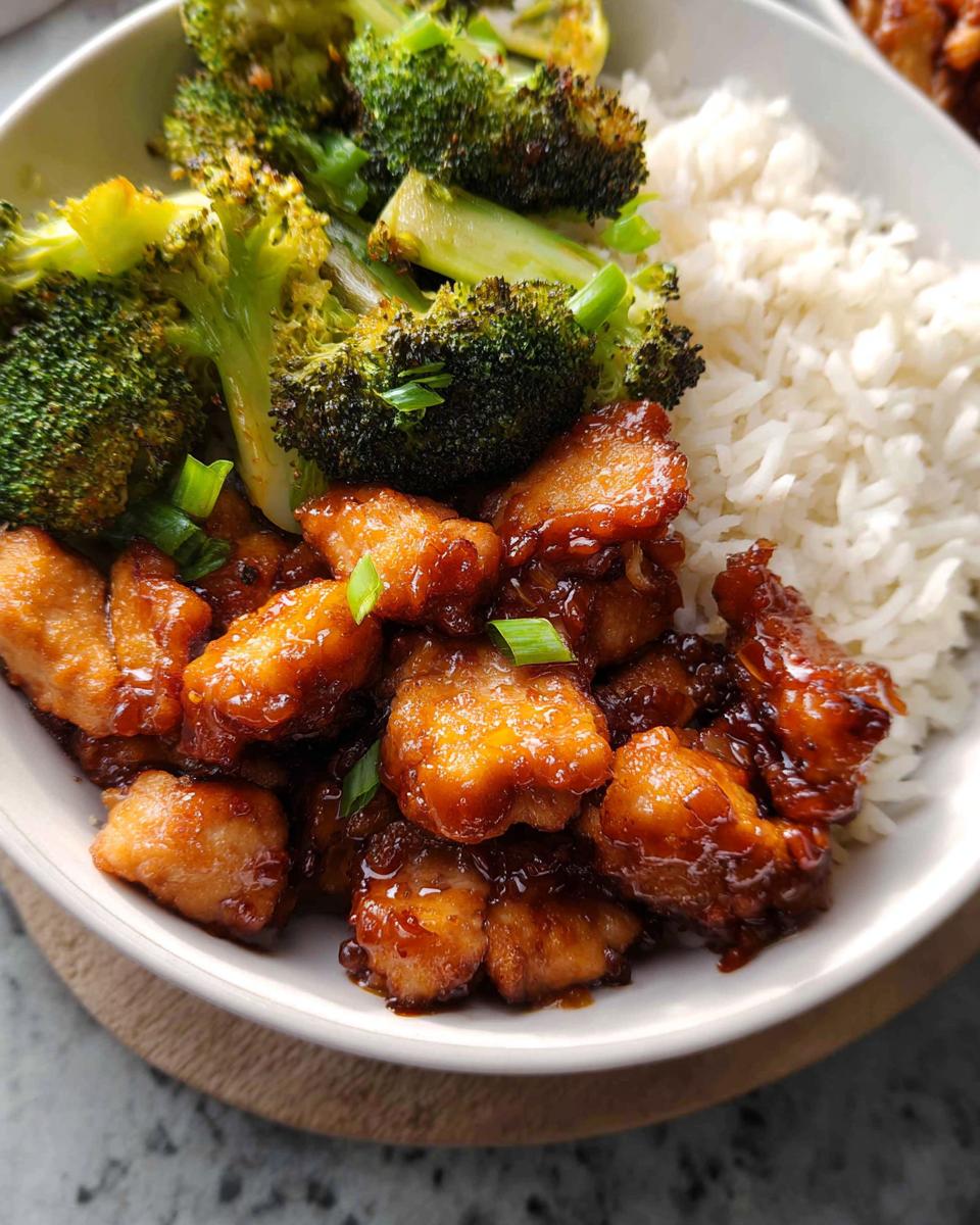 A delicious Honey Garlic Pork Rice Bowl featuring tender pork, fluffy white rice, and roasted broccoli, garnished with green onions.