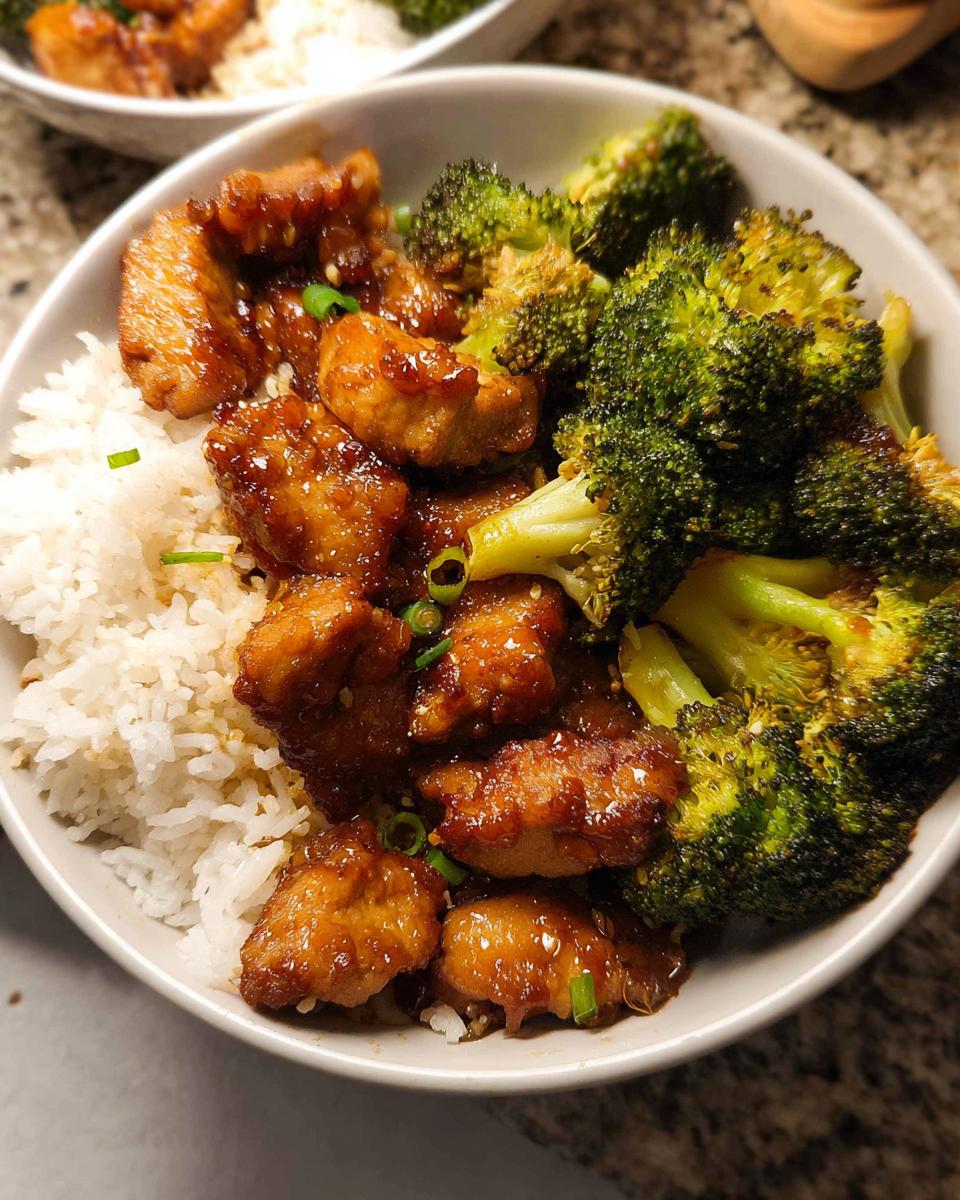 A delicious Honey Garlic Pork Rice Bowl featuring tender pork pieces, fluffy white rice, and roasted broccoli florets.