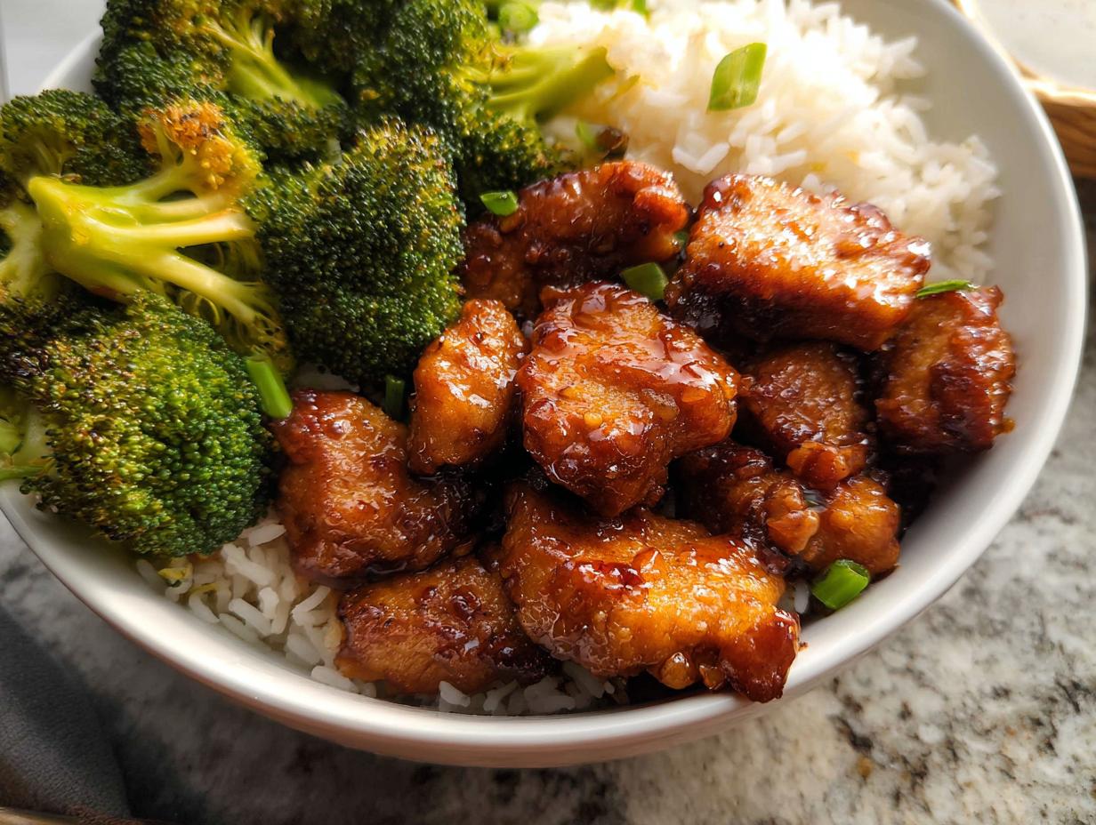 A close-up of a Honey Garlic Pork Rice Bowl featuring glazed pork pieces, steamed white rice, and bright green broccoli florets.