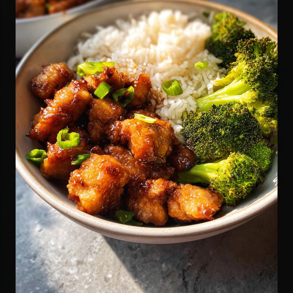 Close-up of a Honey Garlic Pork Rice Bowl with tender pork, fluffy rice, and steamed broccoli, garnished with green onions.