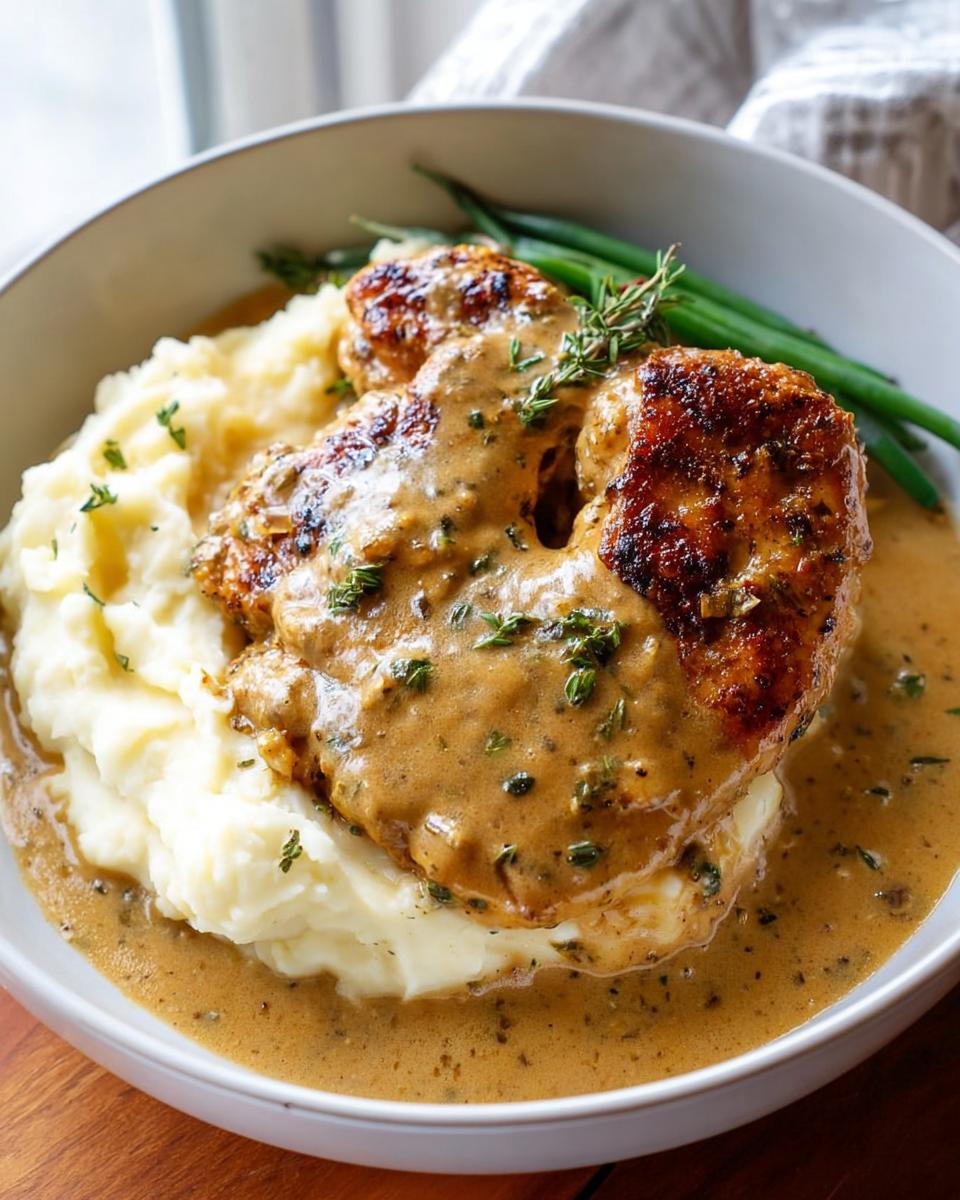 A serving of Irresistible Garlic Herb Chicken with Creamy Mashed Potatoes, topped with rich gravy and garnished with herbs.