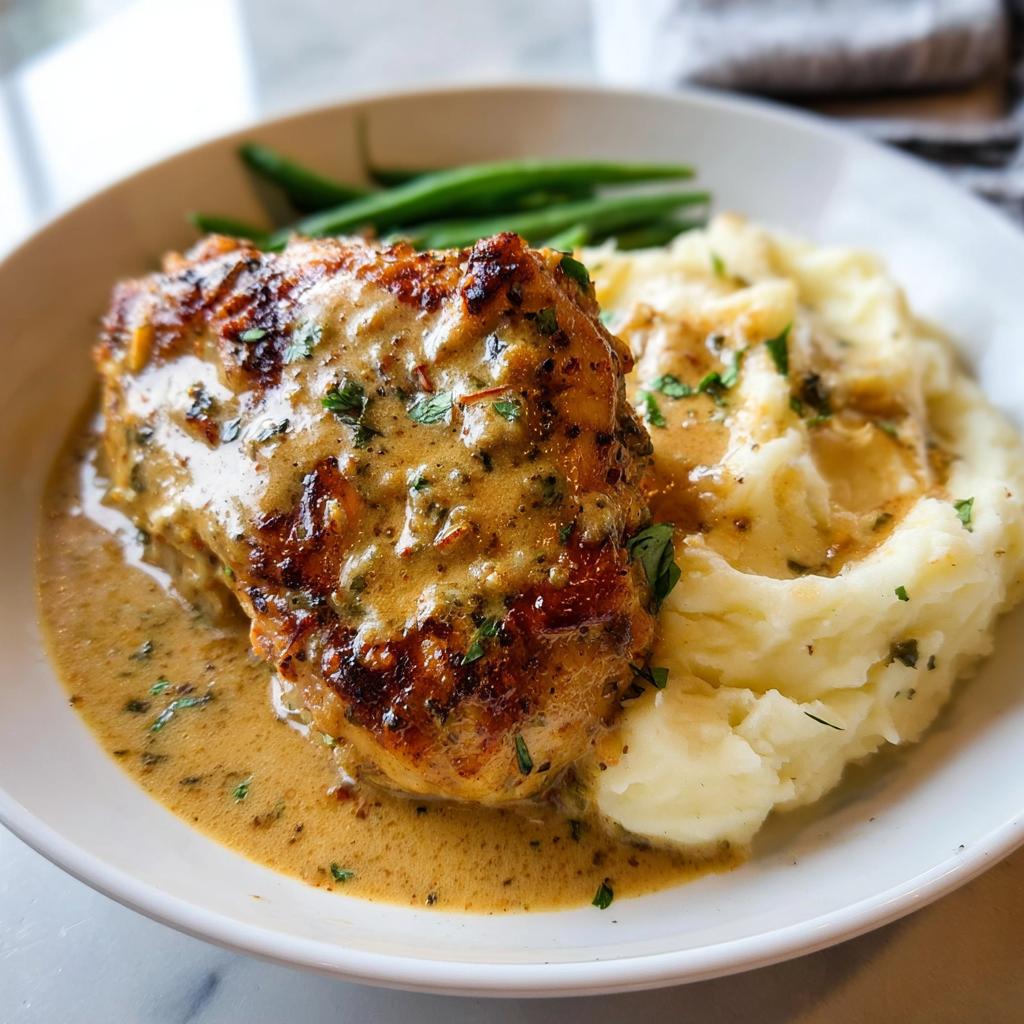 A close-up of Irresistible Garlic Herb Chicken with Creamy Mashed Potatoes and green beans, drizzled with a rich sauce.