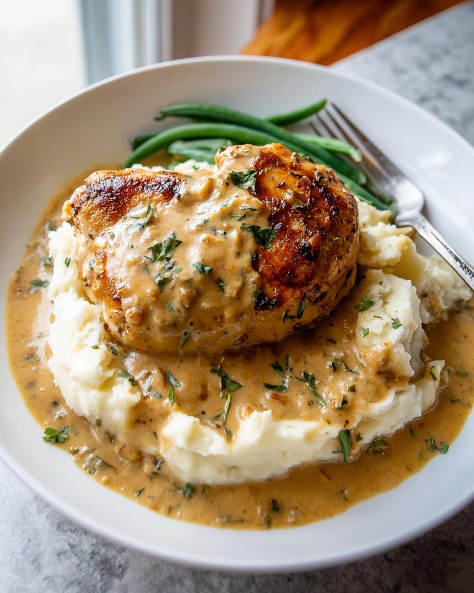 A close-up of Irresistible Garlic Herb Chicken served over creamy mashed potatoes with green beans.