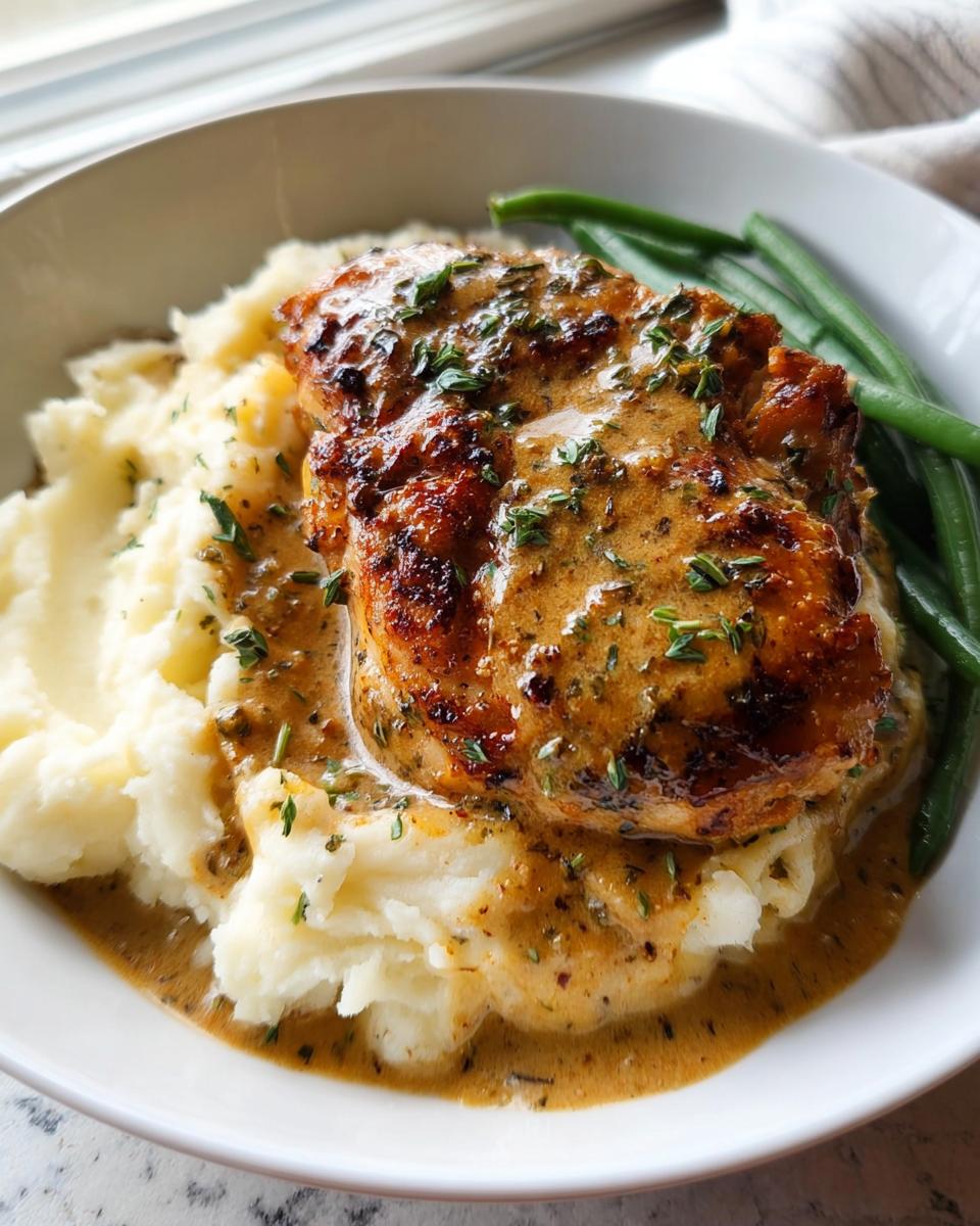 A plate of Irresistible Garlic Herb Chicken served over creamy mashed potatoes with green beans.