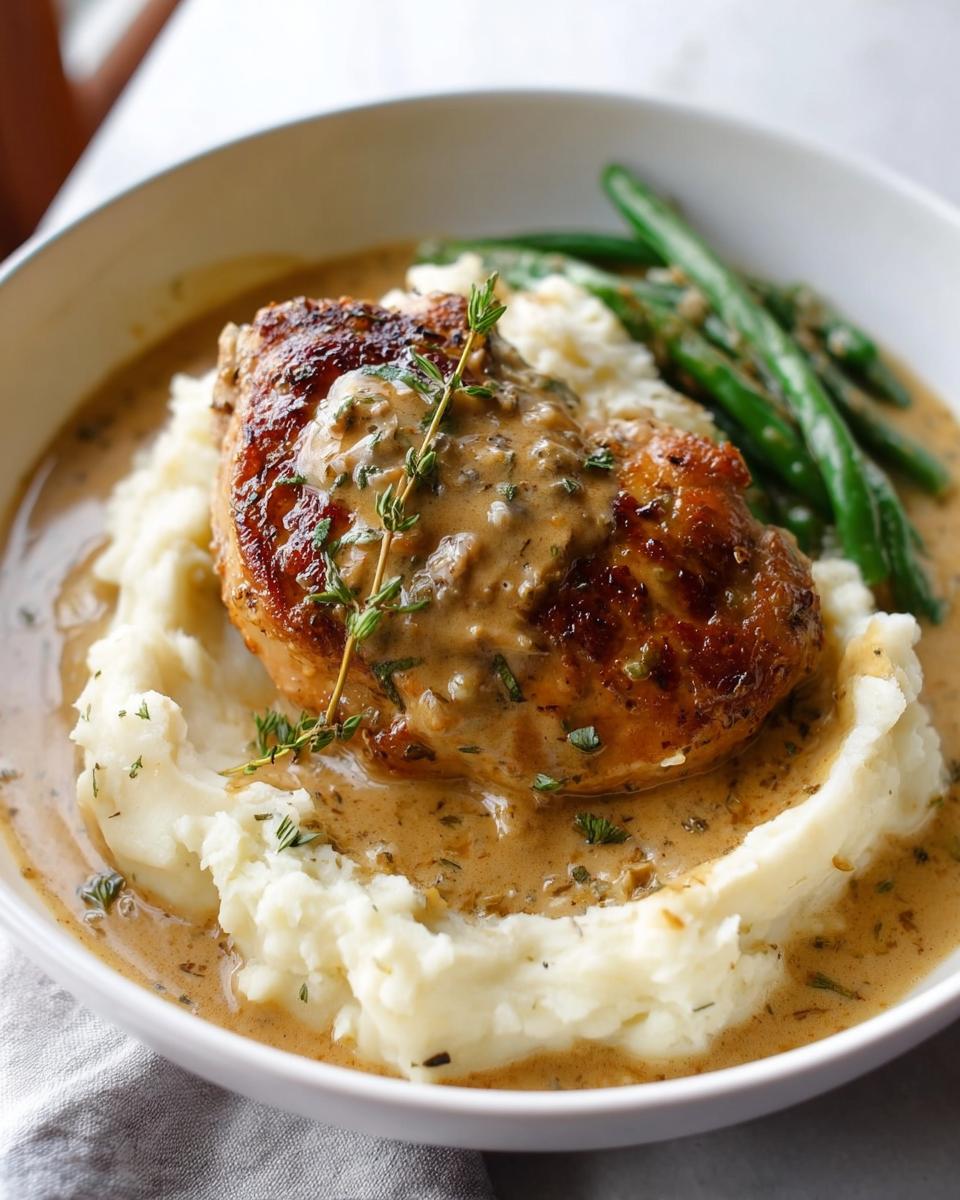 A close-up of Irresistible Garlic Herb Chicken served over creamy mashed potatoes with green beans and a rich herb sauce.