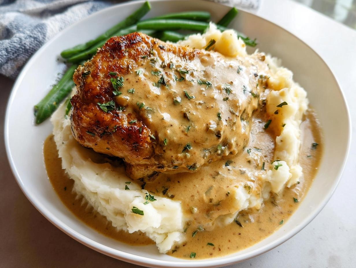 A succulent piece of Irresistible Garlic Herb Chicken served over a generous portion of creamy mashed potatoes, drizzled with sauce and garnished with parsley.