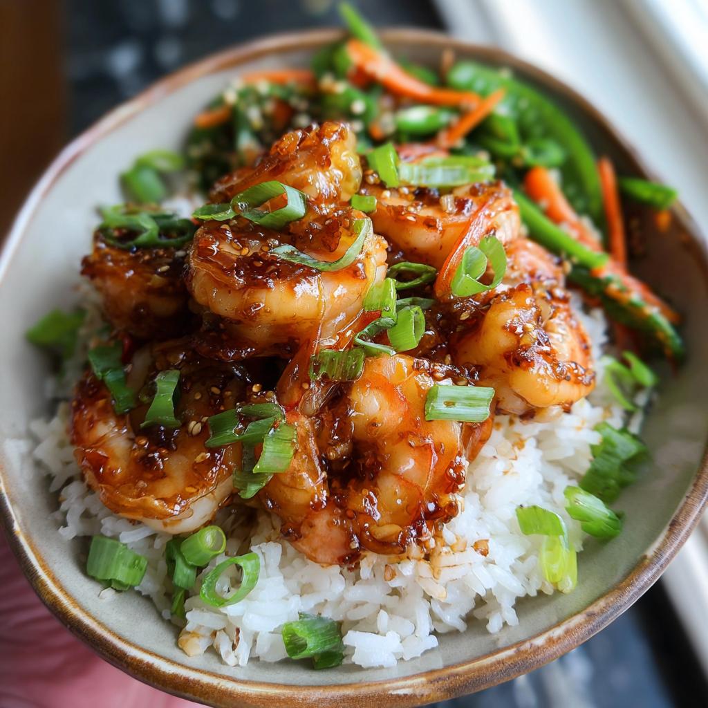 Close-up of Irresistible Honey Garlic Shrimp Bowls with rice and vegetables, garnished with green onions.