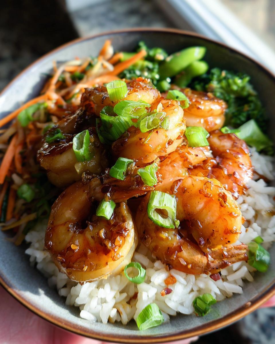 Close-up of Irresistible Honey Garlic Shrimp Bowls with rice, vegetables, and garnished with green onions.