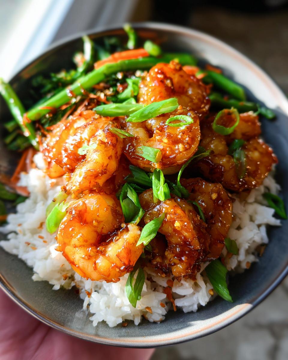 Close-up of Irresistible Honey Garlic Shrimp Bowls featuring glazed shrimp over white rice and green vegetables.