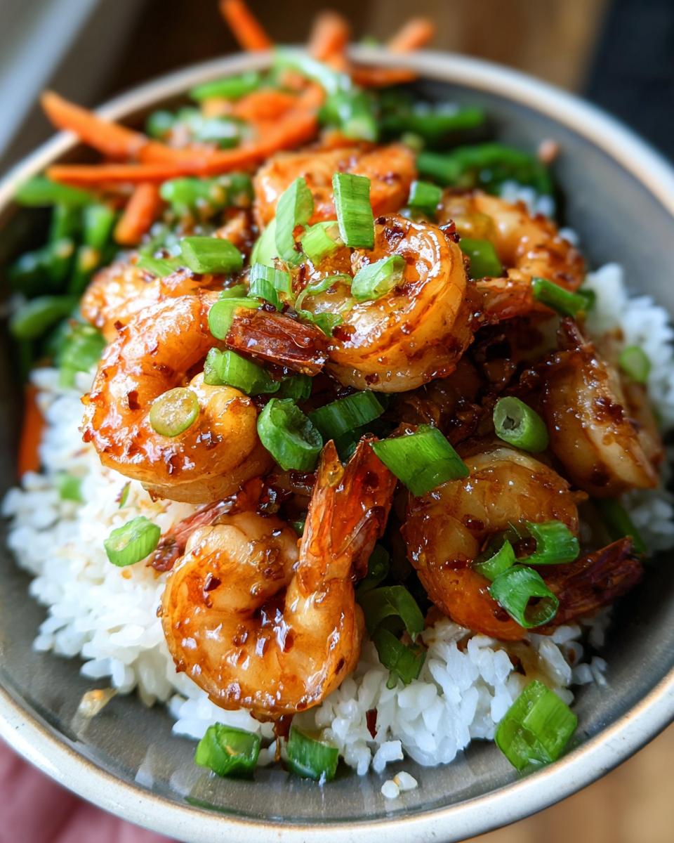 Close-up of Irresistible Honey Garlic Shrimp Bowls with rice, shrimp, and vegetables topped with green onions.