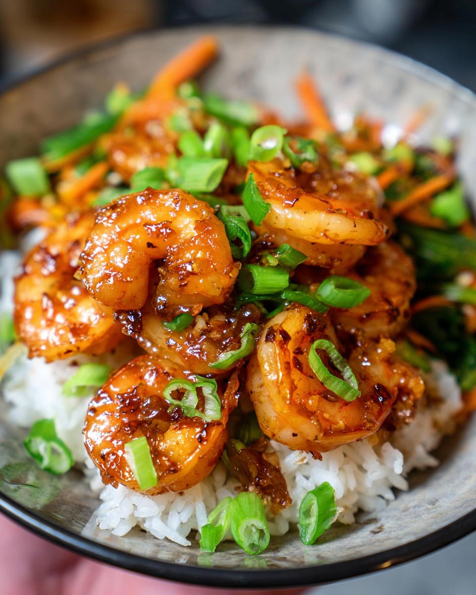 Close-up of Irresistible Honey Garlic Shrimp Bowls with rice, vegetables, and green onions.