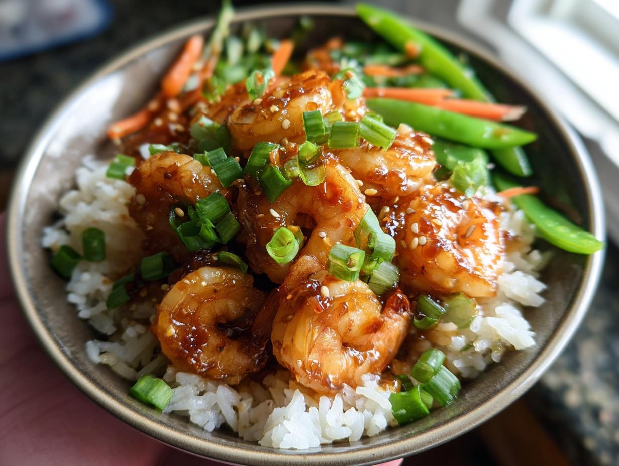 A close-up of Irresistible Honey Garlic Shrimp Bowls with rice, shrimp, and vegetables.