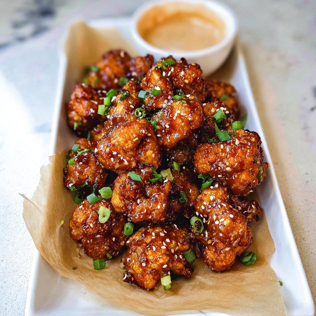 A pile of Irresistible Sticky Honey Garlic Cauliflower bites, coated in a glossy sauce and sprinkled with sesame seeds and green onions.