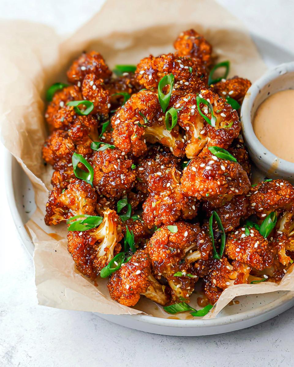 Close-up of Irresistible Sticky Honey Garlic Cauliflower bites, glazed and sprinkled with sesame seeds and green onions.