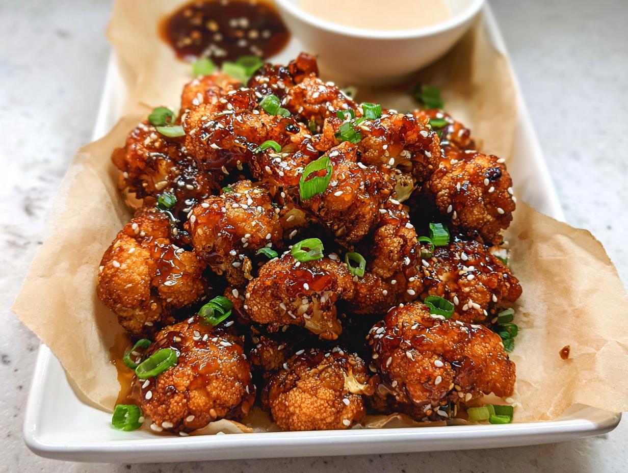 A platter of Irresistible Sticky Honey Garlic Cauliflower, coated in a glossy sauce and sprinkled with sesame seeds and green onions.