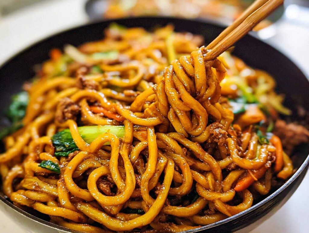 Close-up of a serving of Irresistible Yaki Udon Noodles being lifted with chopsticks, showing thick noodles, vegetables, and meat.