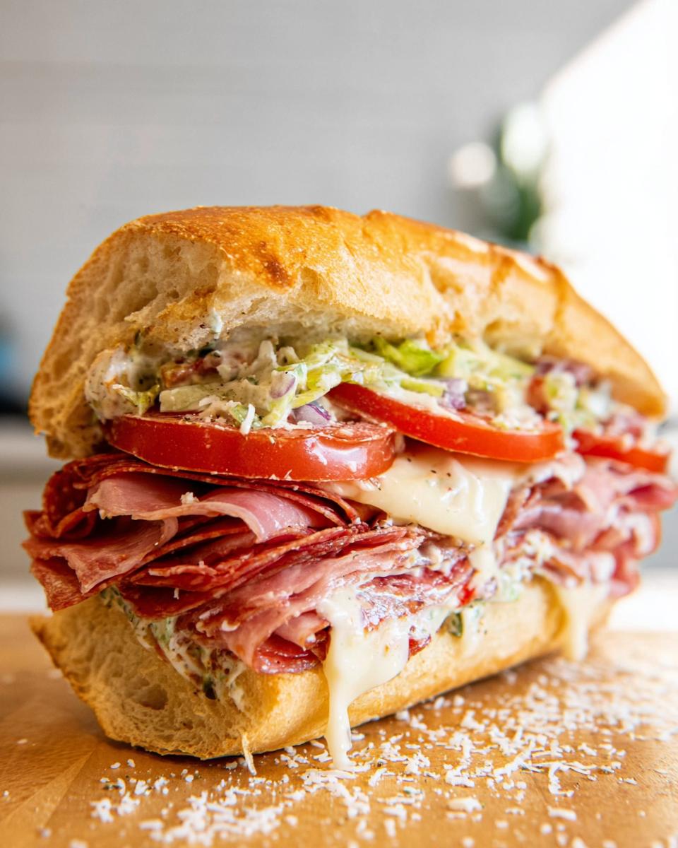 A delicious Italian Grinder Salad Sandwich loaded with meats, cheese, lettuce, tomato, and dressing.