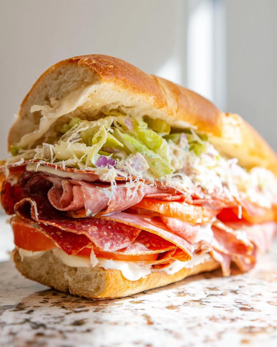 A close-up of a loaded Italian Grinder Salad Sandwich with layers of salami, ham, cheese, tomatoes, and salad.