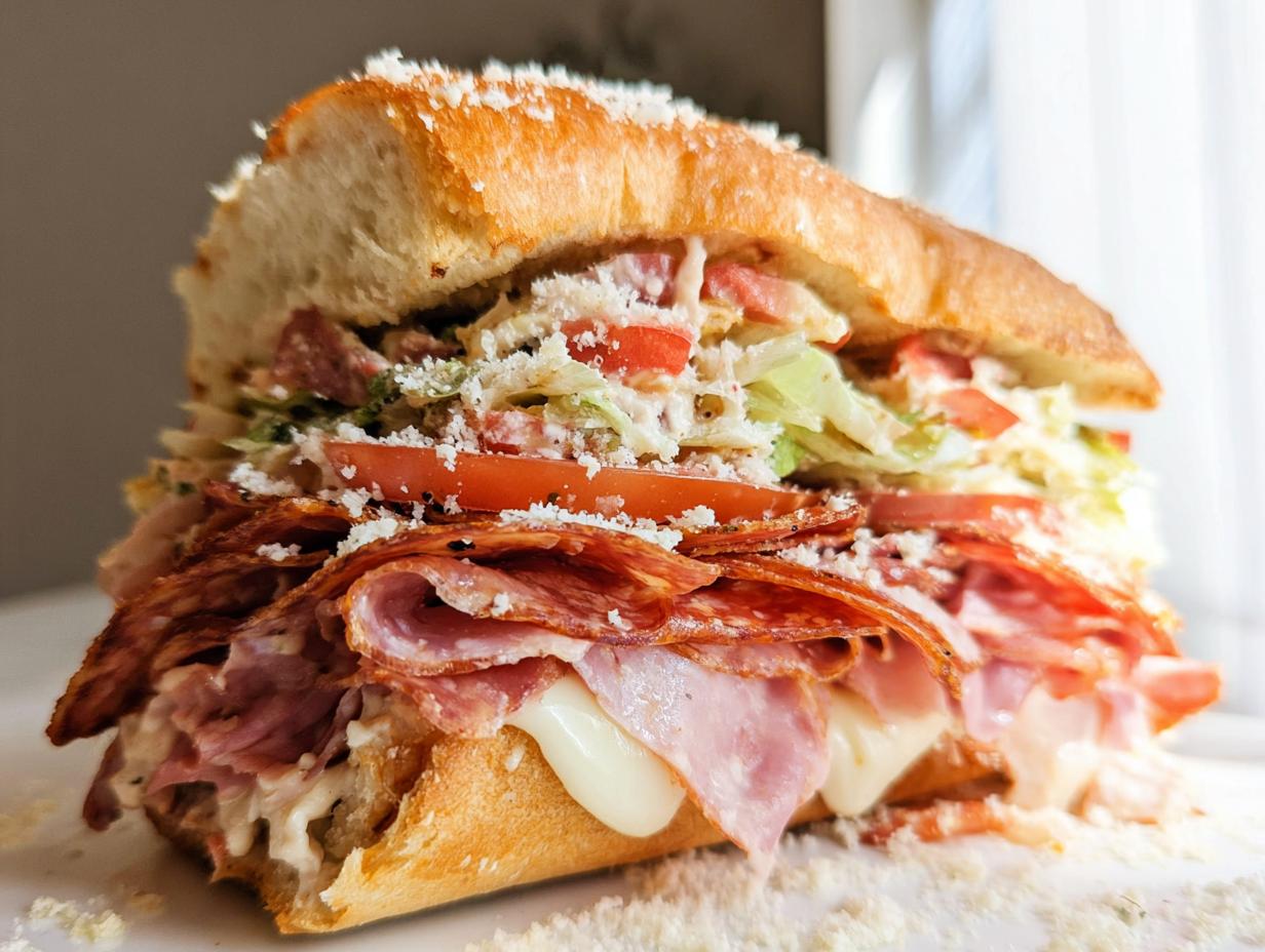 A delicious Italian Grinder Salad Sandwich overflowing with meats, cheese, lettuce, tomatoes, and dressing.